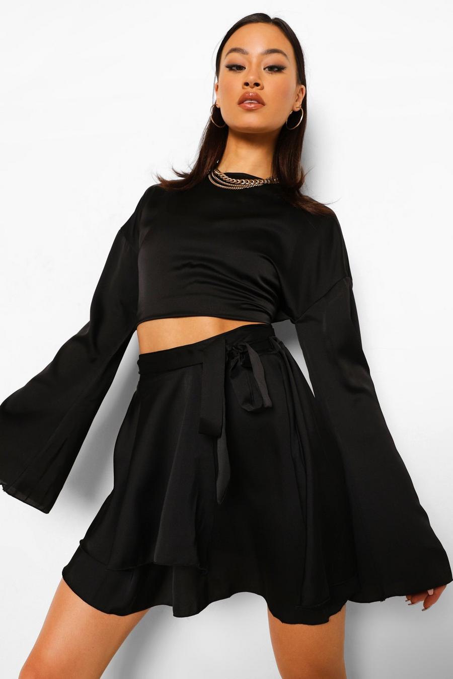 Black Flute Sleeve Blouse & Tie Waist Skirt image number 1