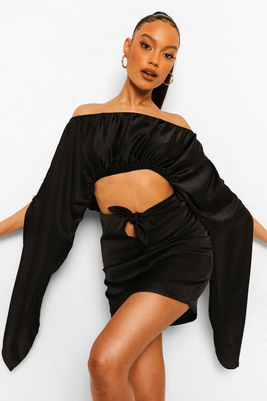 Black Satin Oversized Sleeve Top & Knot Mini Skirt image number 1