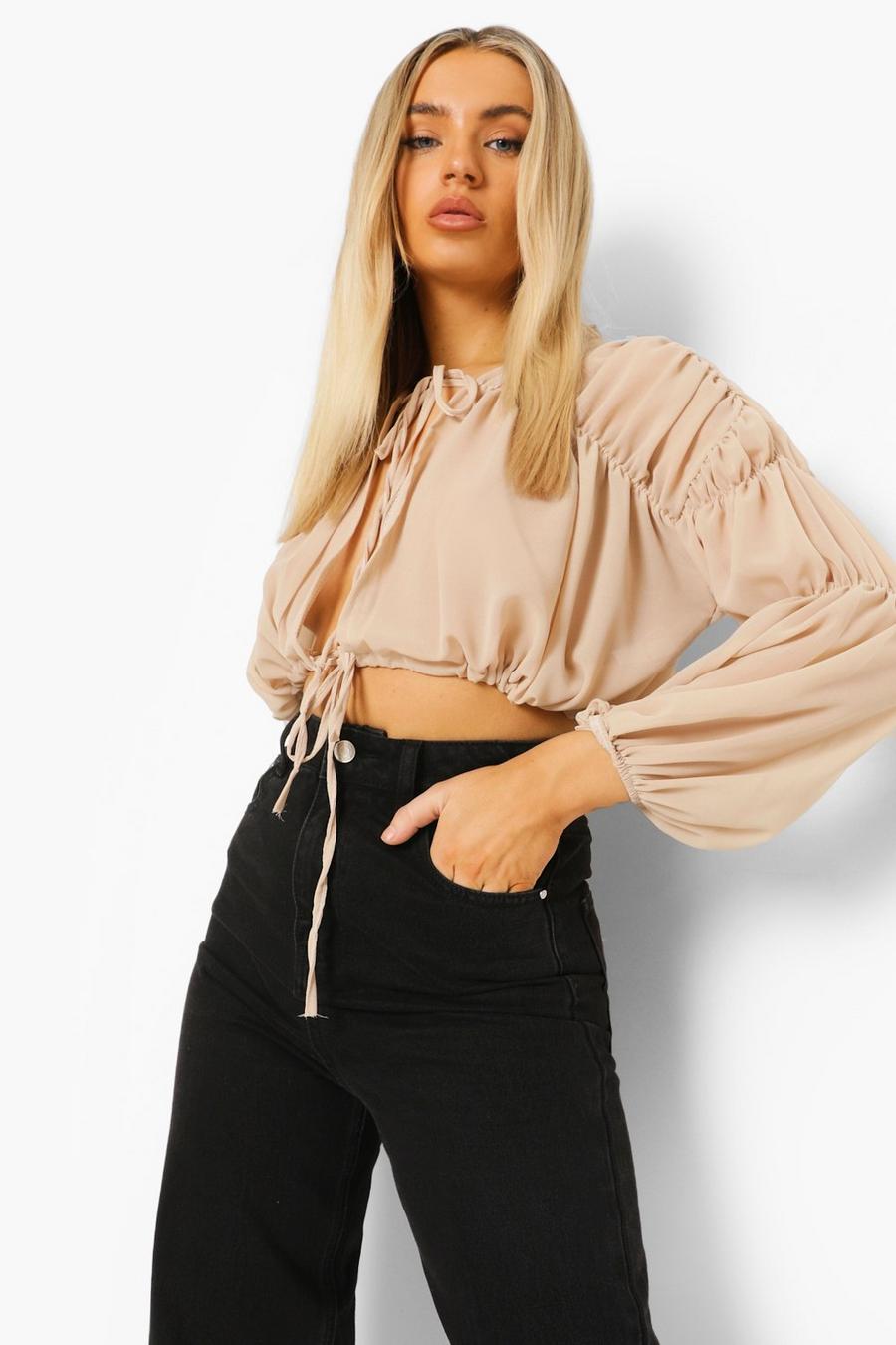 Sand Ruched Tie Front Blouse image number 1