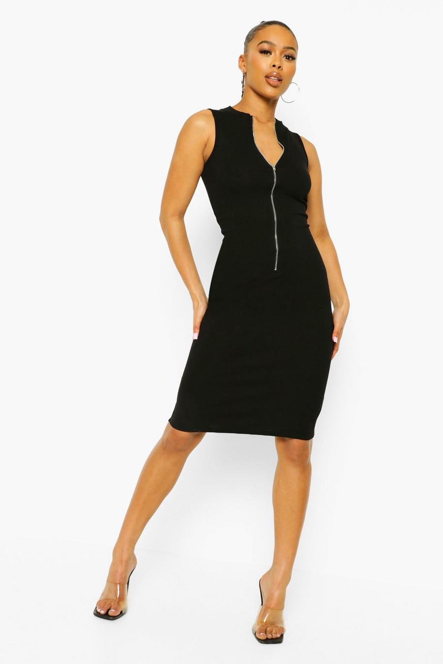 Black Premium Rib Plunge Notch Midi Dress image number 1