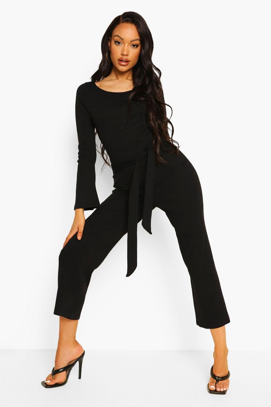 Black Rib Long Sleeve Belted Culotte Jumpsuit image number 1