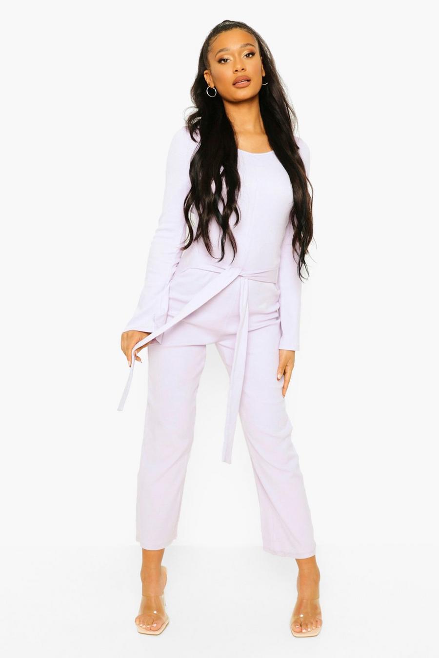 Lilac Rib Long Sleeve Belted Culotte Jumpsuit image number 1