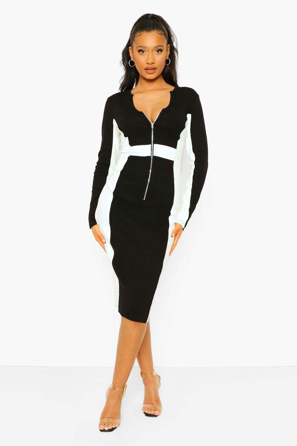 Women's Premium Rib Zip Through Midi Dress | Boohoo UK