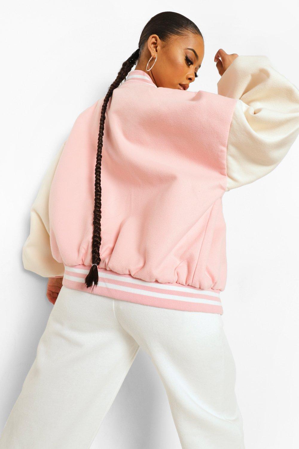 Pink Contrast Sleeve Varsity Jacket