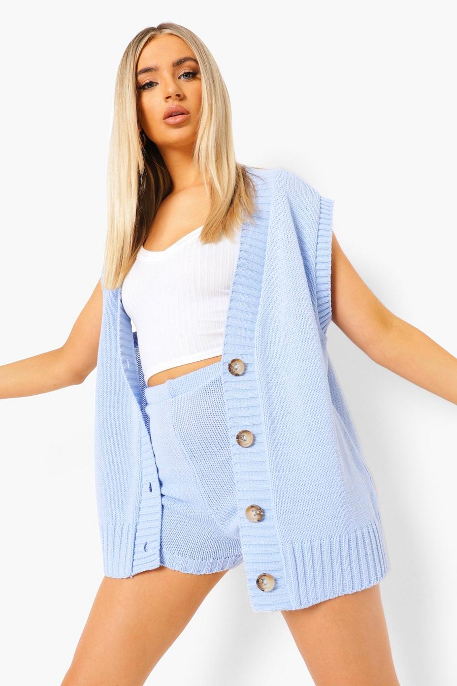 Blue Tank Cardigan And Shorts Knitted Co-ord image number 1