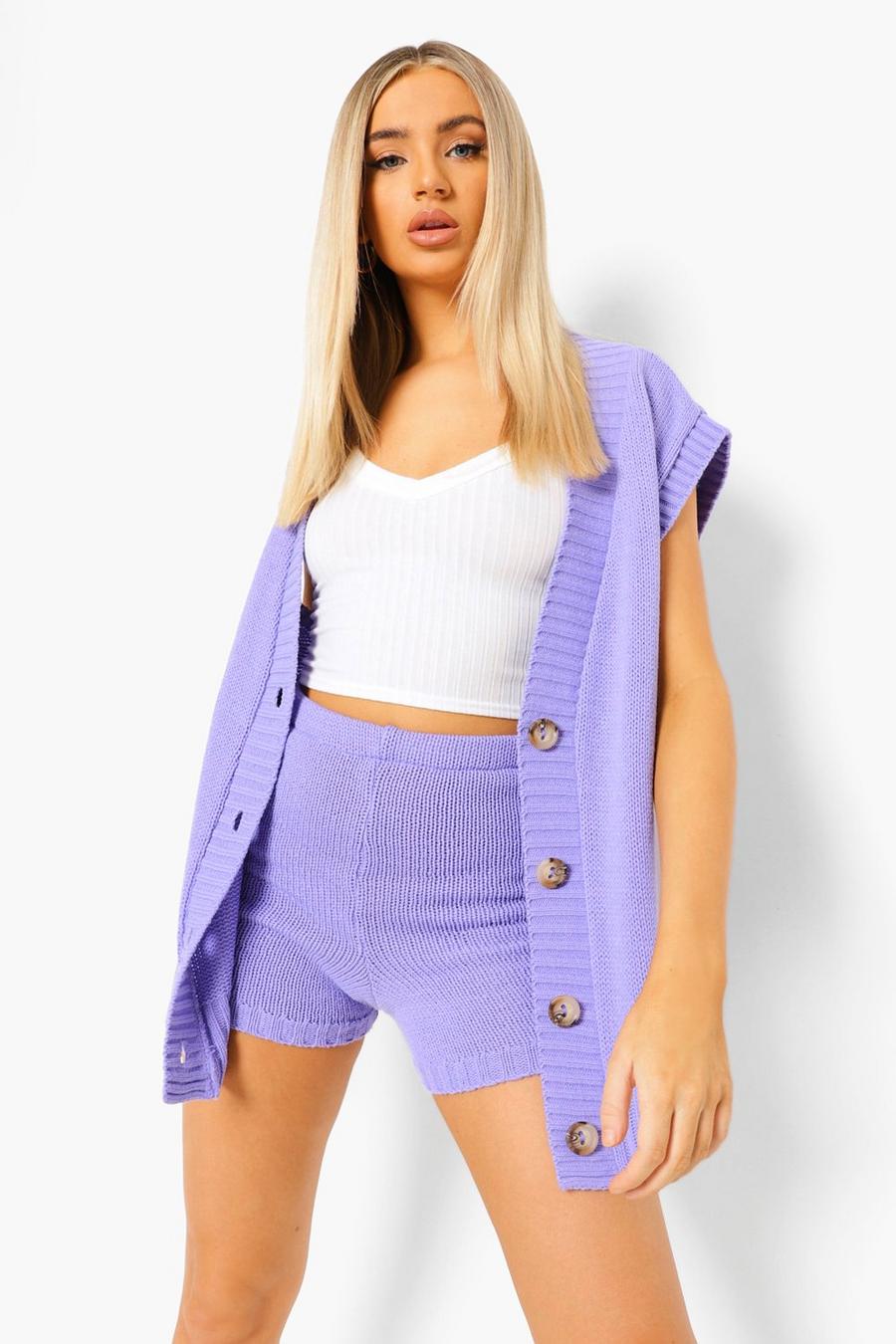 Lavender Tank Cardigan And Shorts Knitted Co-ord image number 1