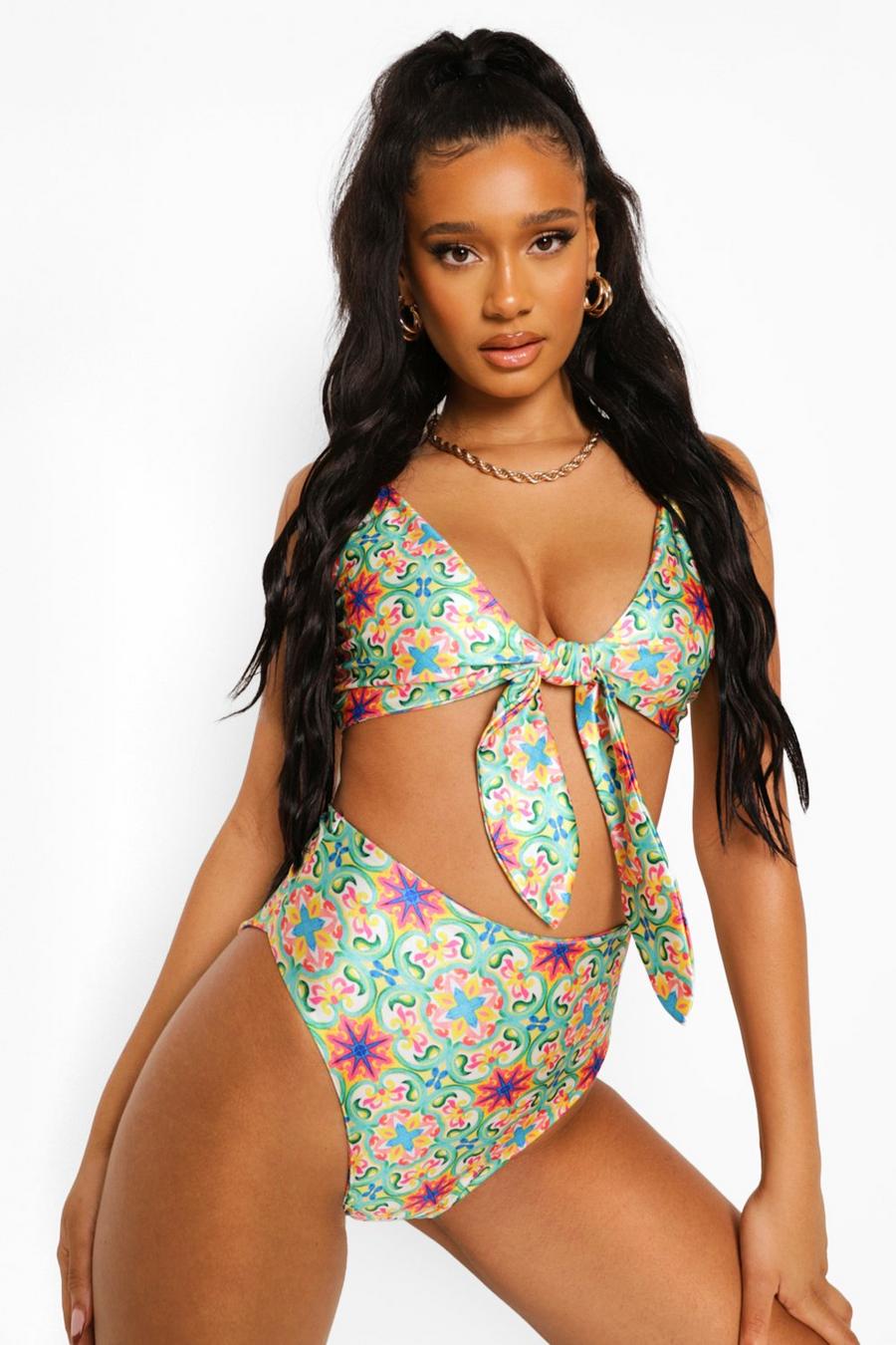 Braguitas de bikini de cintura alta con estampado de mosaico, Verde image number 1