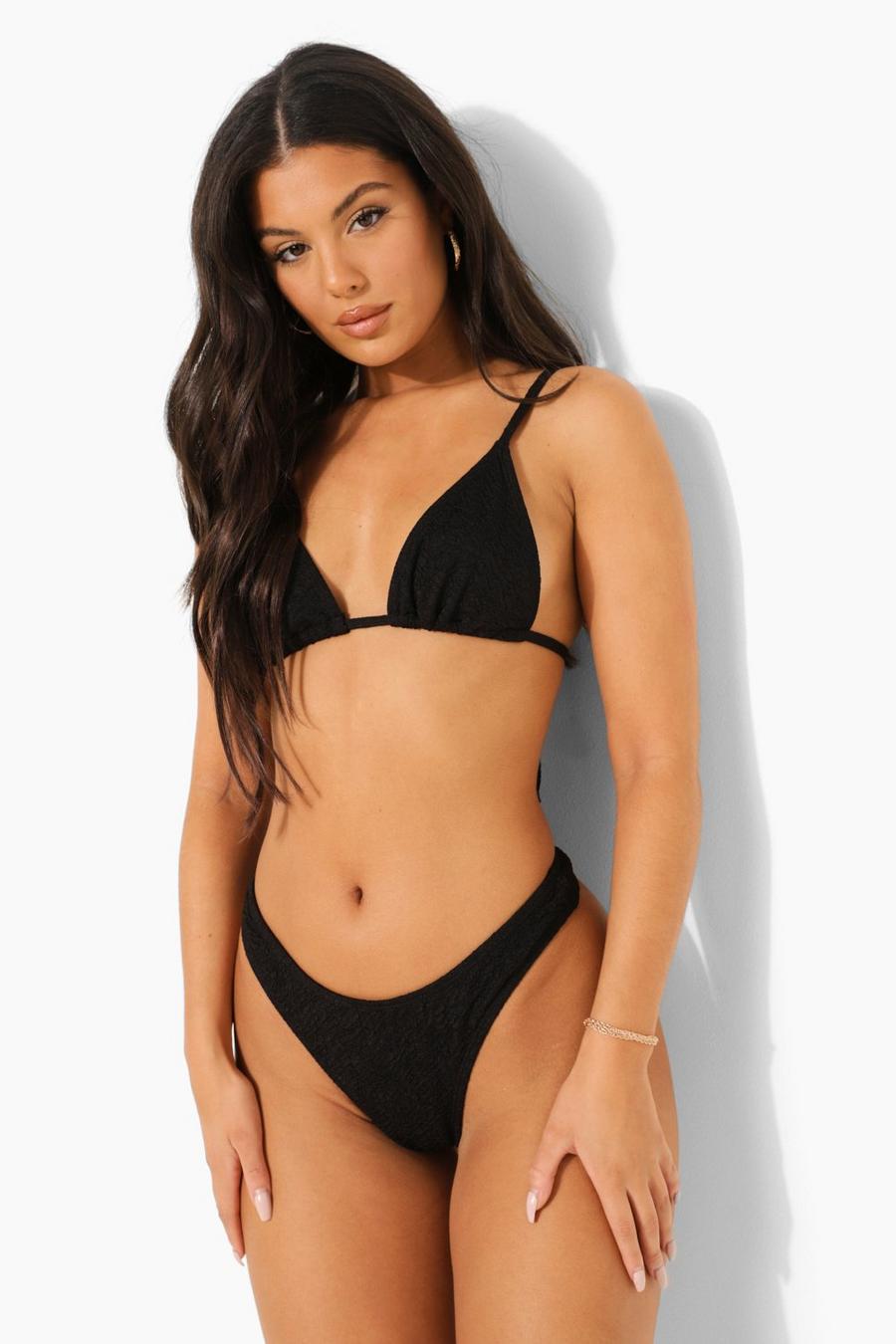 Black Crinkle Tie Strap Mix And Match Bikini Top image number 1