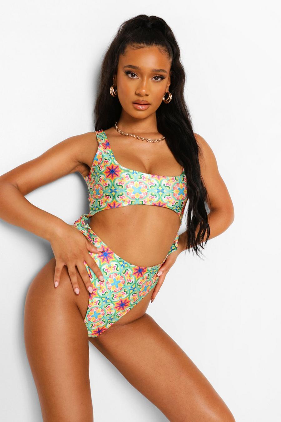 Green grön Tile Print Cut Out Tie Detail Swimsuit image number 1