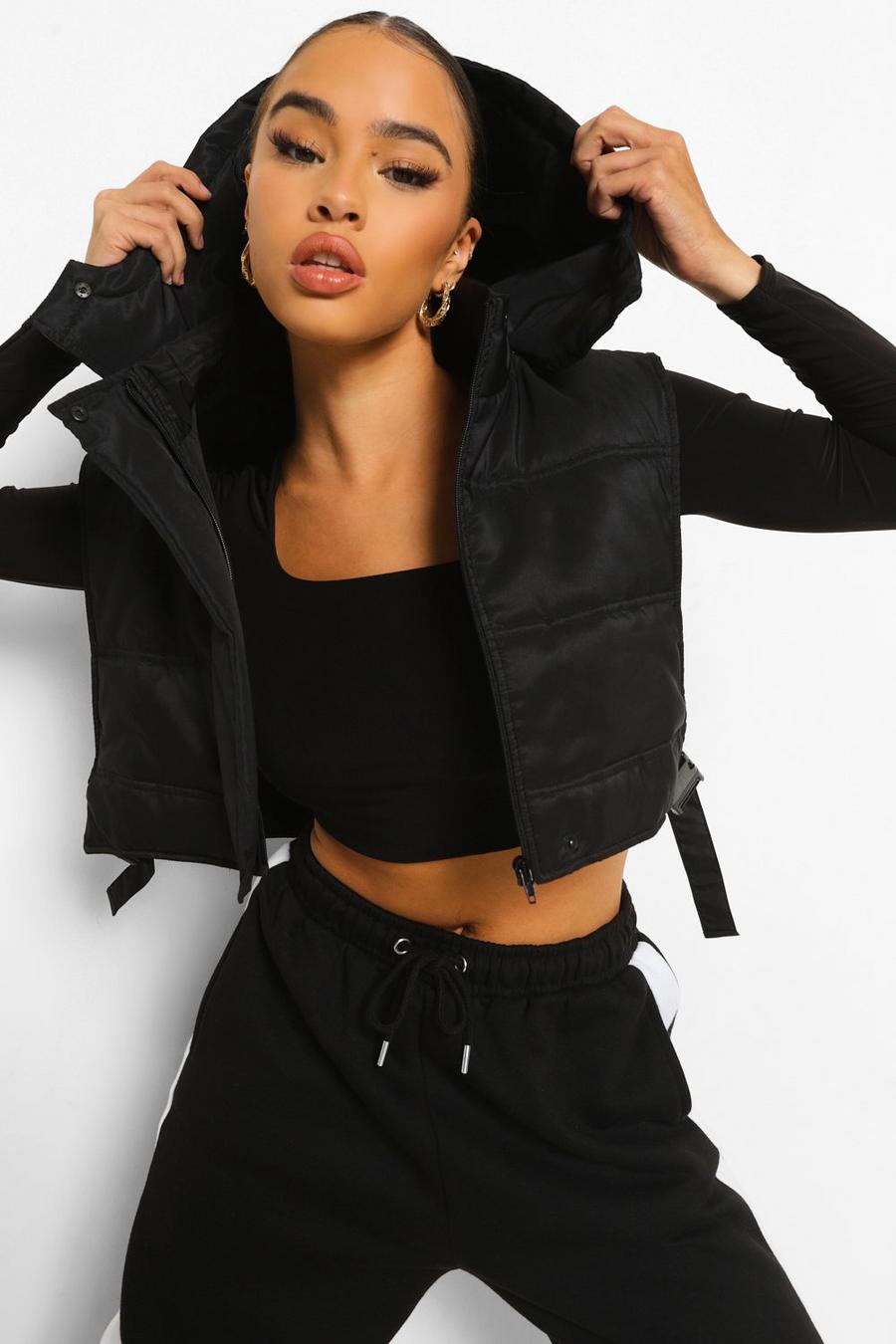 Black Buckle Detachable Hood Crop Vest image number 1