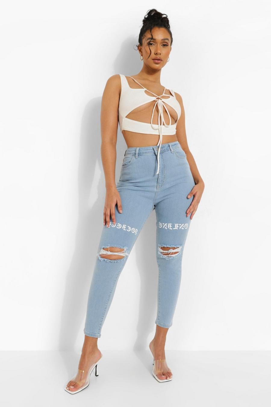 Light blue Distressed Skinny Jeans With Thigh Print image number 1