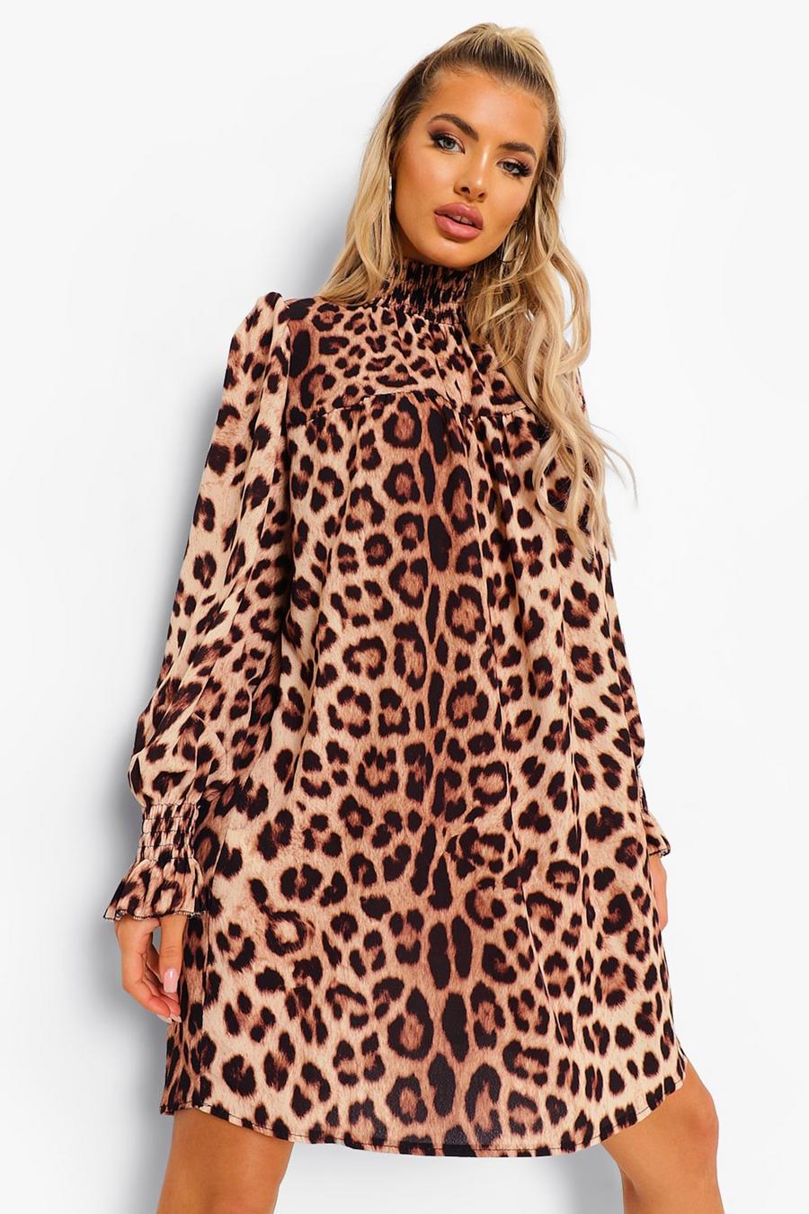 Robe mi-longue léopard à col montant, Brown image number 1