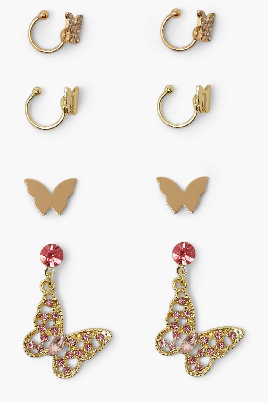 Confezione con orecchini a bottone, pendenti e ear cuff con strass e farfalle, Oro image number 1
