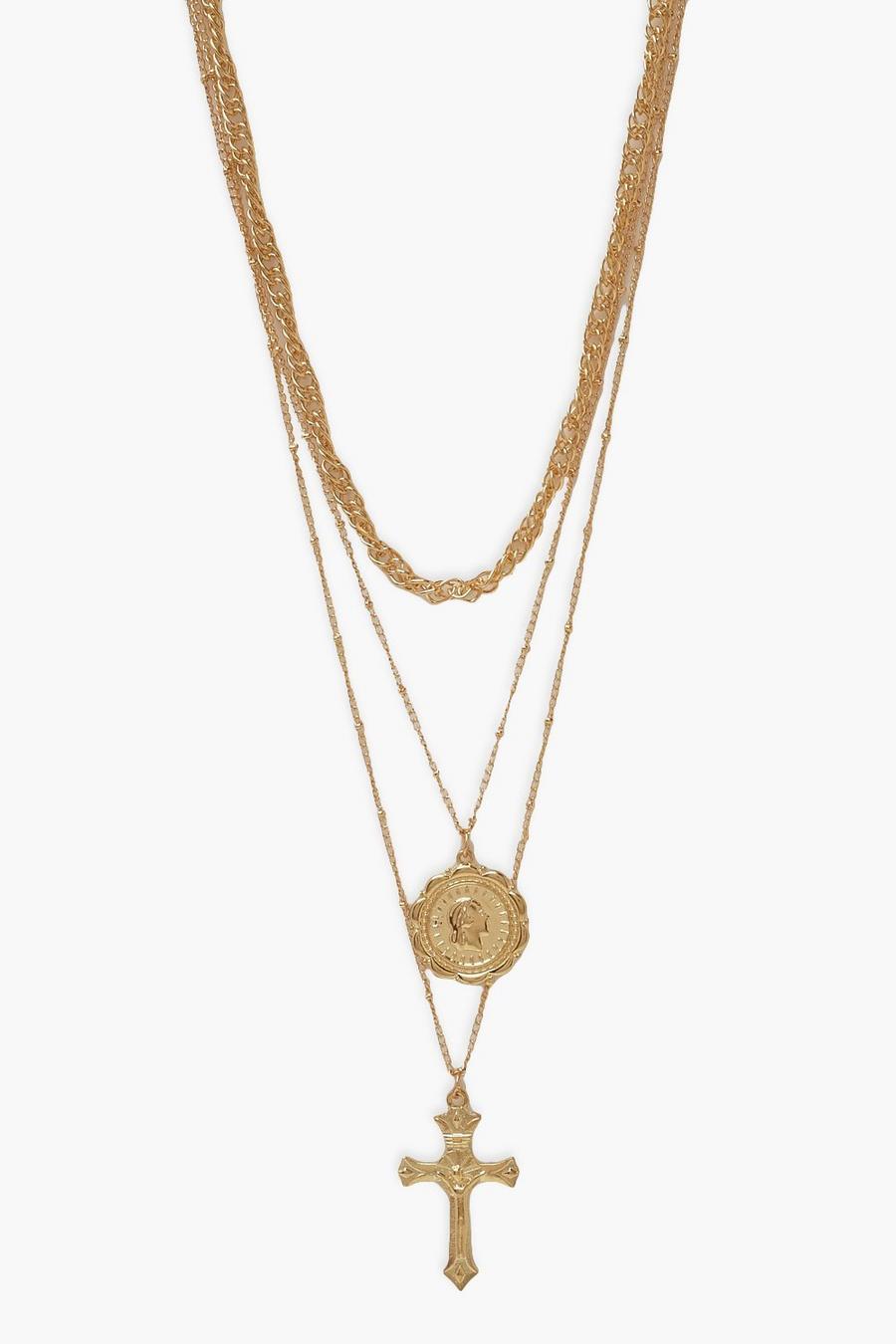 Gold Cross And Coin Layered Pendant Necklace image number 1