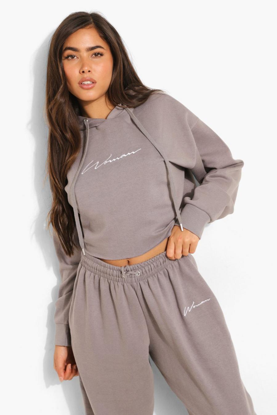 Charcoal Woman Script Cropped Hoodie image number 1