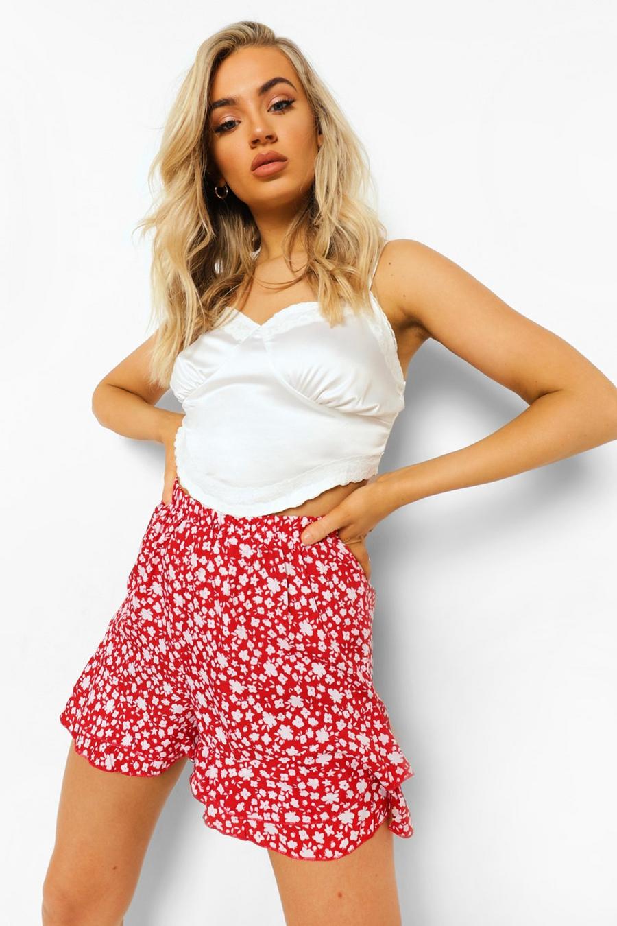 Red Ditsy Floral Ruffle Hem Shorts image number 1