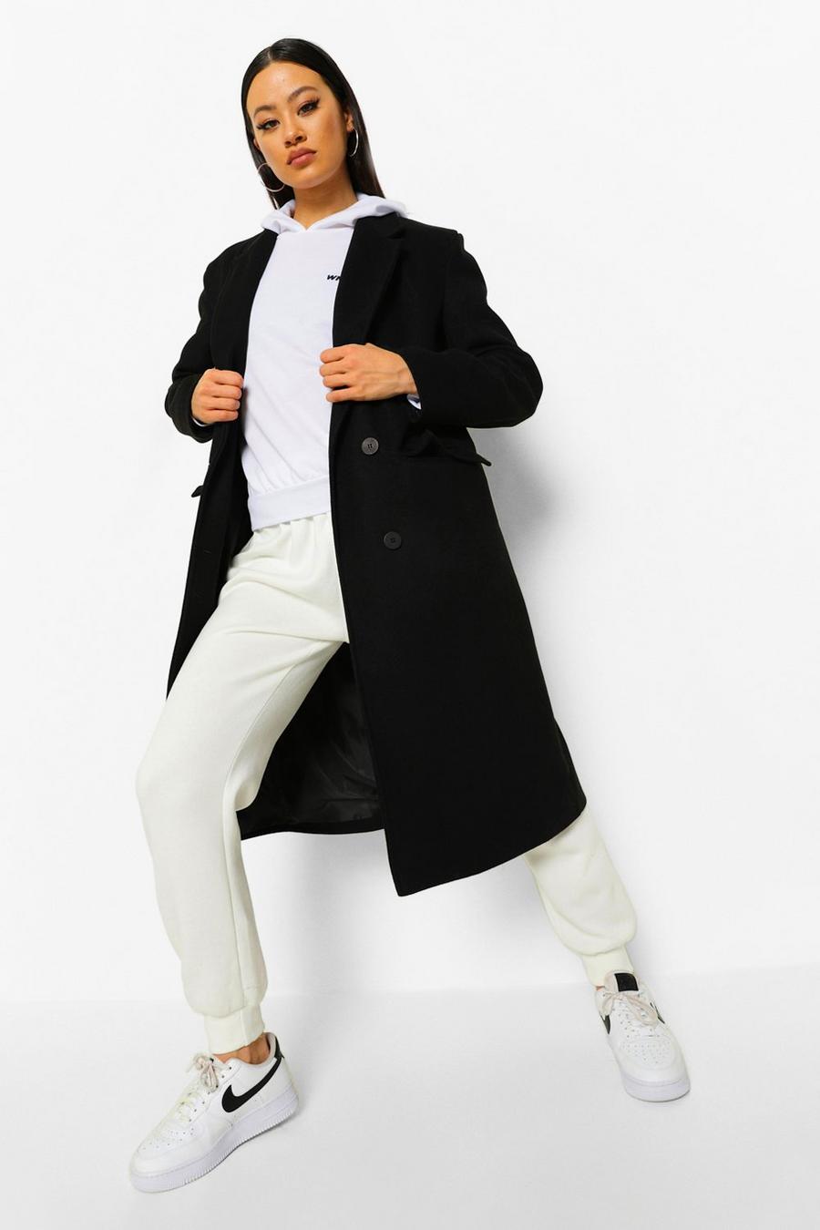 Manteau imitation laine coupe longue à épaulettes, Noir image number 1