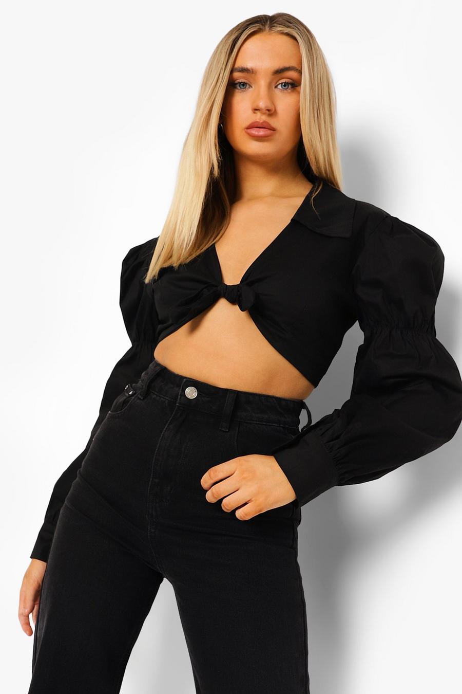 Black Cropped Knot Front Shirt image number 1