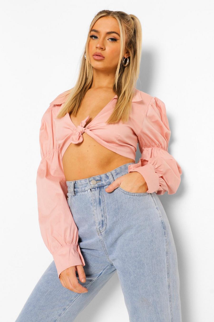 Peach Cropped Knot Front Shirt image number 1