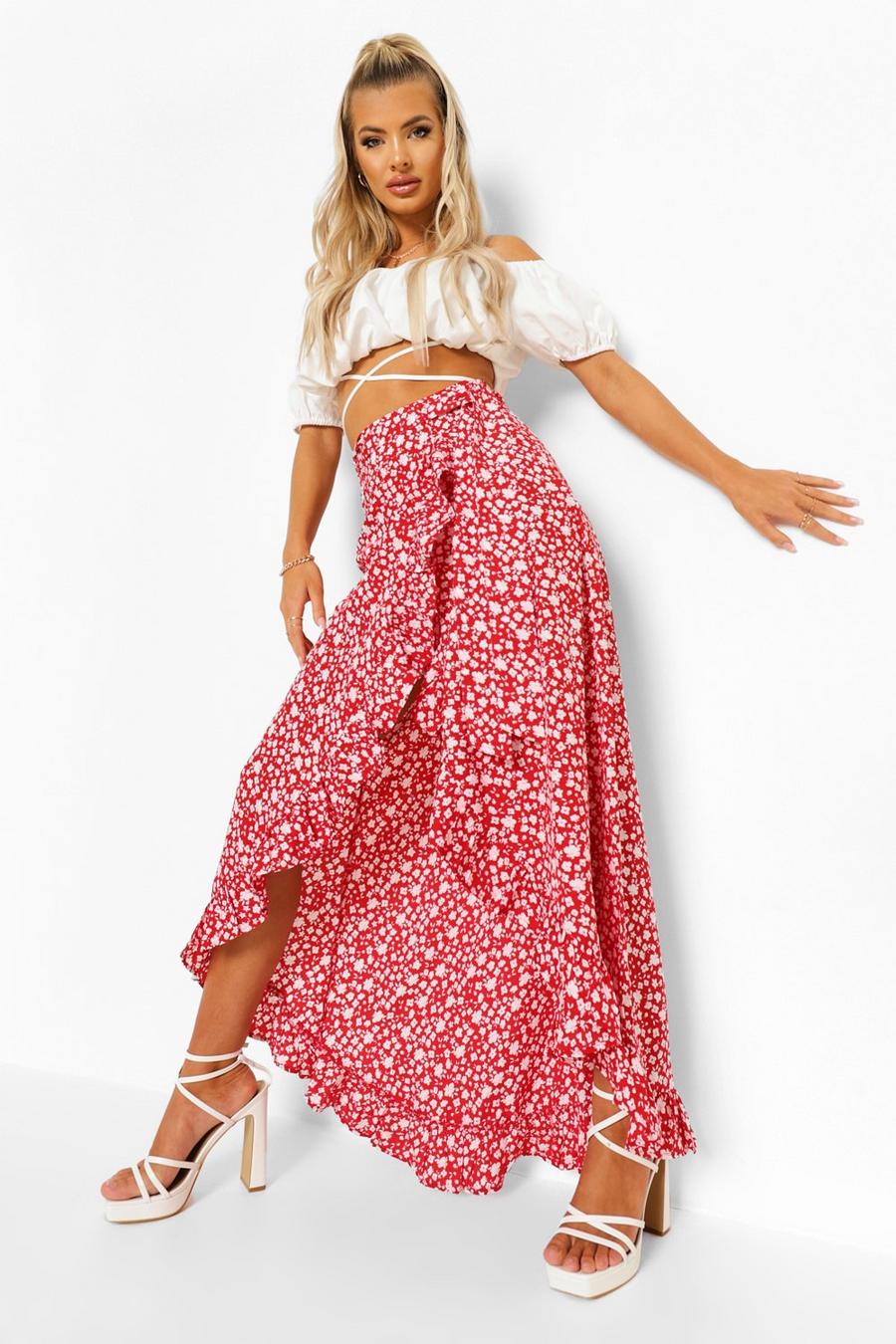 Red Ditsy Floral Ruffle Wrap Maxi Skirt image number 1