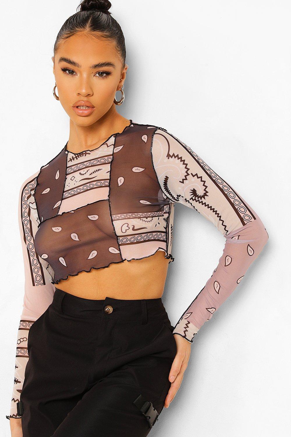 Bandana Mesh Seam Long Sleeve Crop Top | Boohoo UK