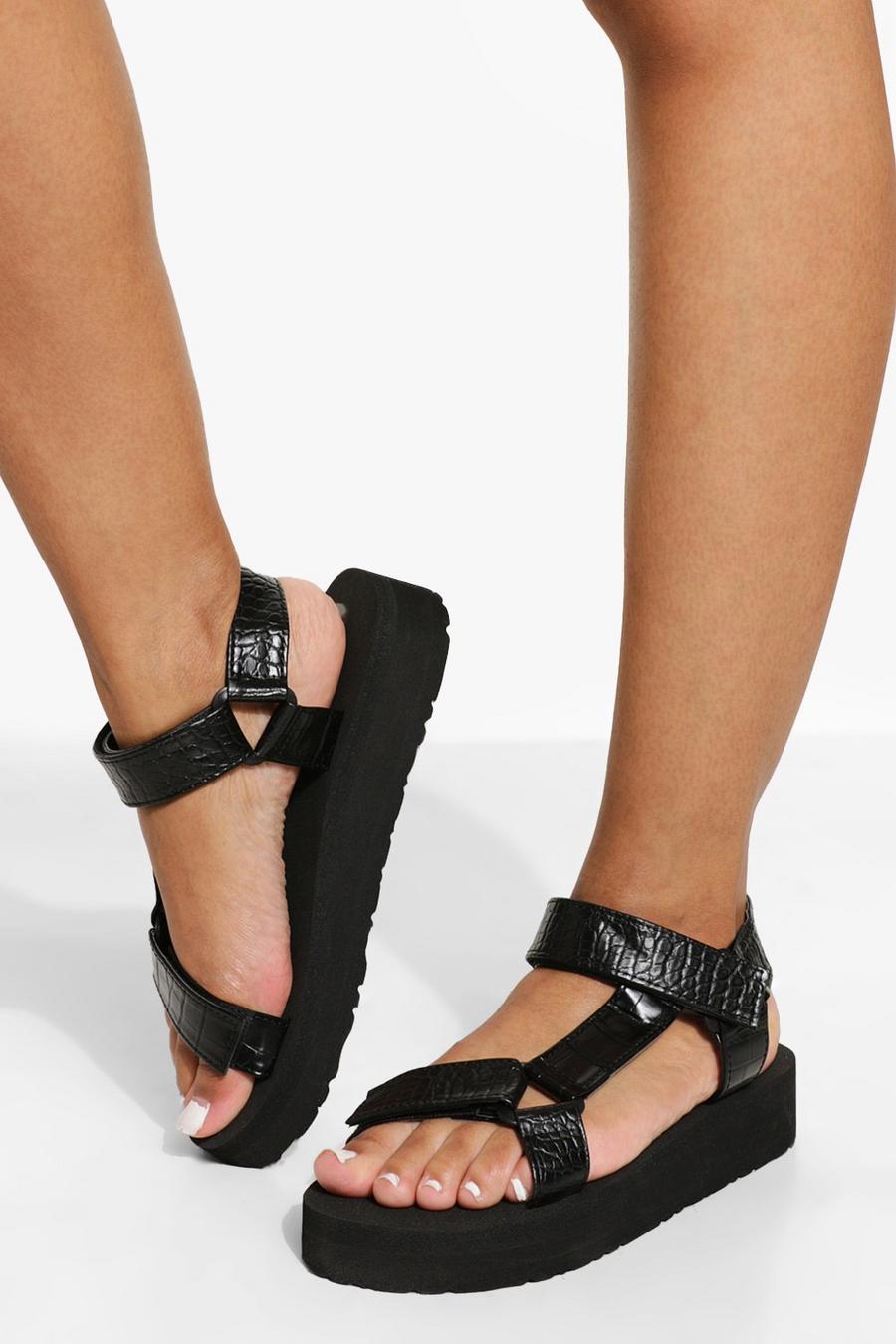 Black Croc Chunky Sports Sandals