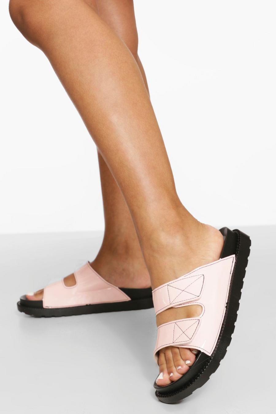 Pink Patent Contrast Stitch Double Strap Sliders image number 1