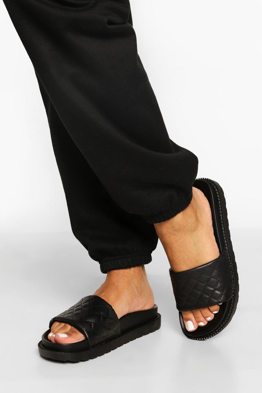 Black Gewatteerde Slippers Met Stiksels image number 1