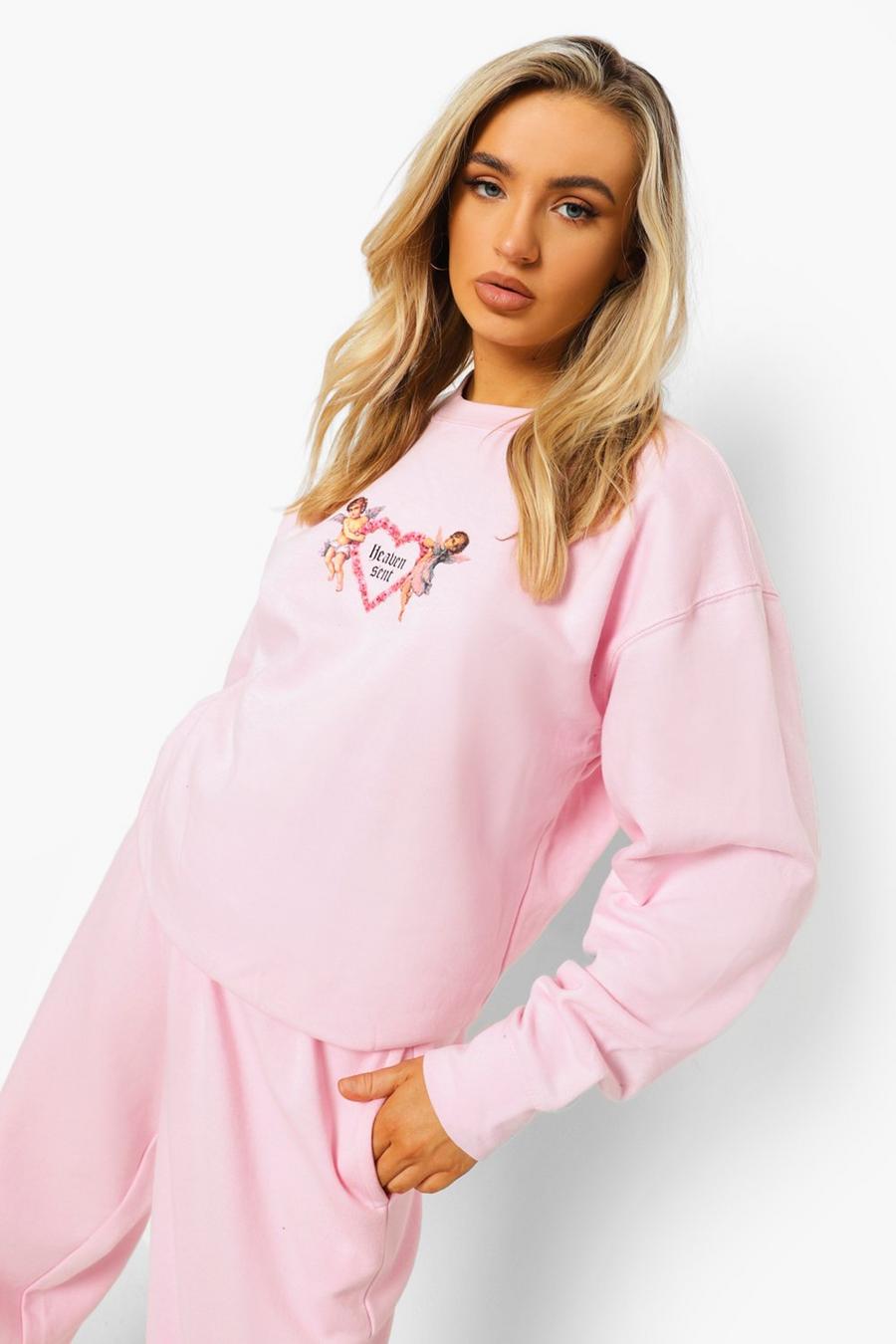 Light pink Heart Print Oversized Sweatshirt image number 1