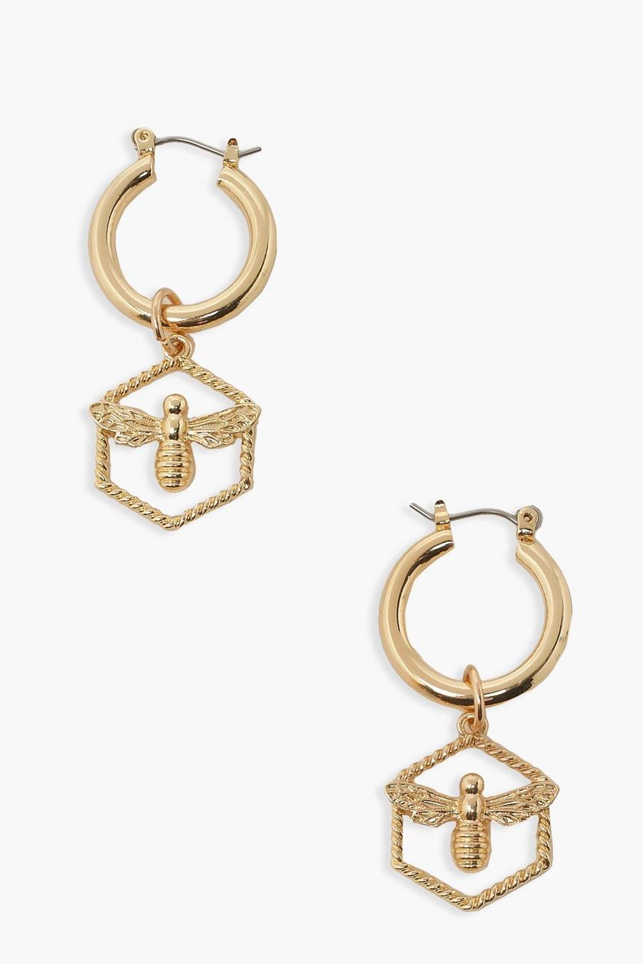 Gold Bee Drop Hexagon Earrings image number 1