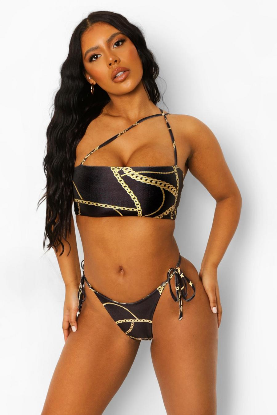 Bikini-Höschen mit seitlicher Bindung und Schnörkelmuster , Schwarz image number 1