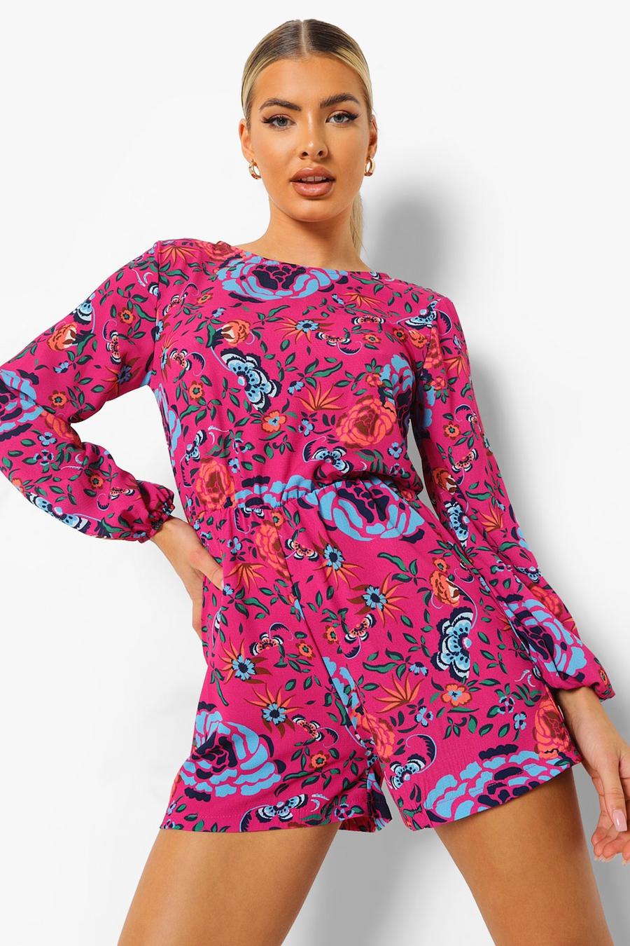Hot pink rosa Floral Print Balloon Sleeve Playsuit image number 1