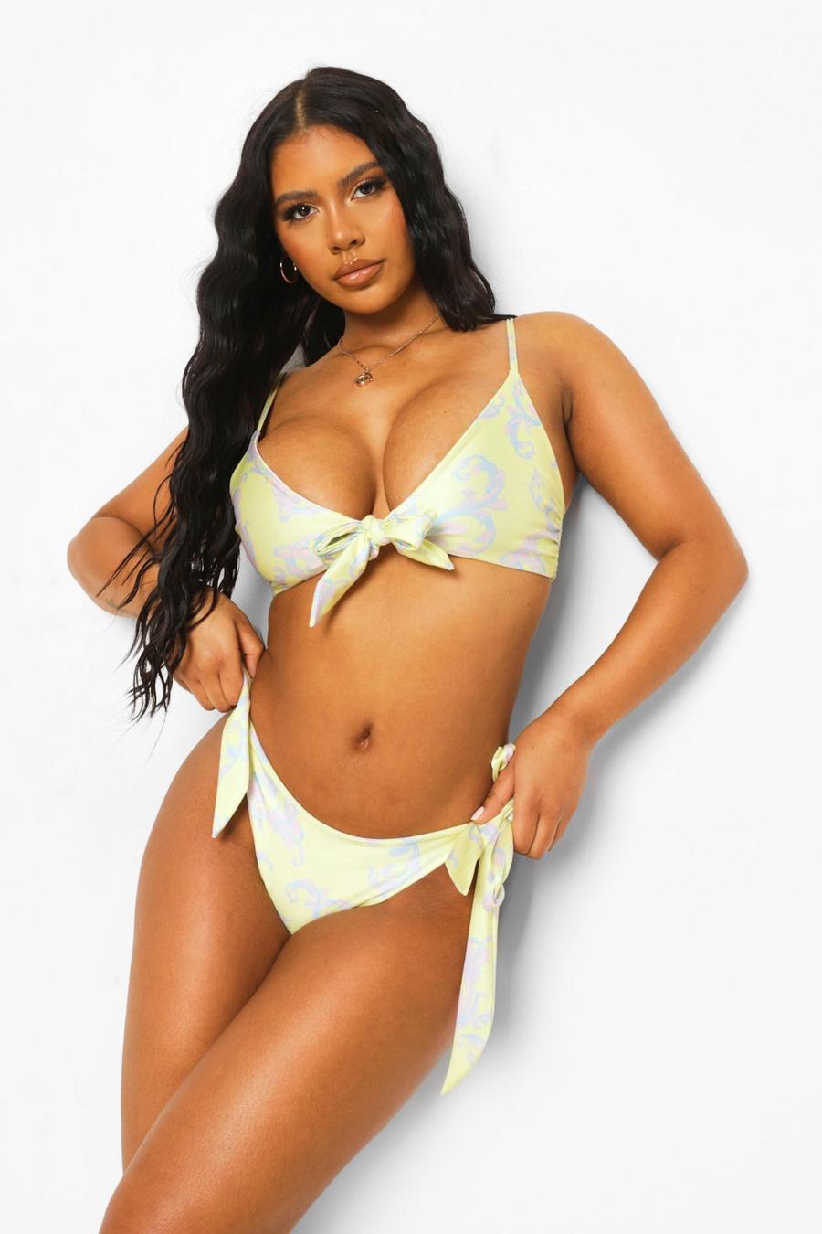 Top corto bikini con allacciatura sul davanti e stampa broccata , Giallo limone yellow image number 1