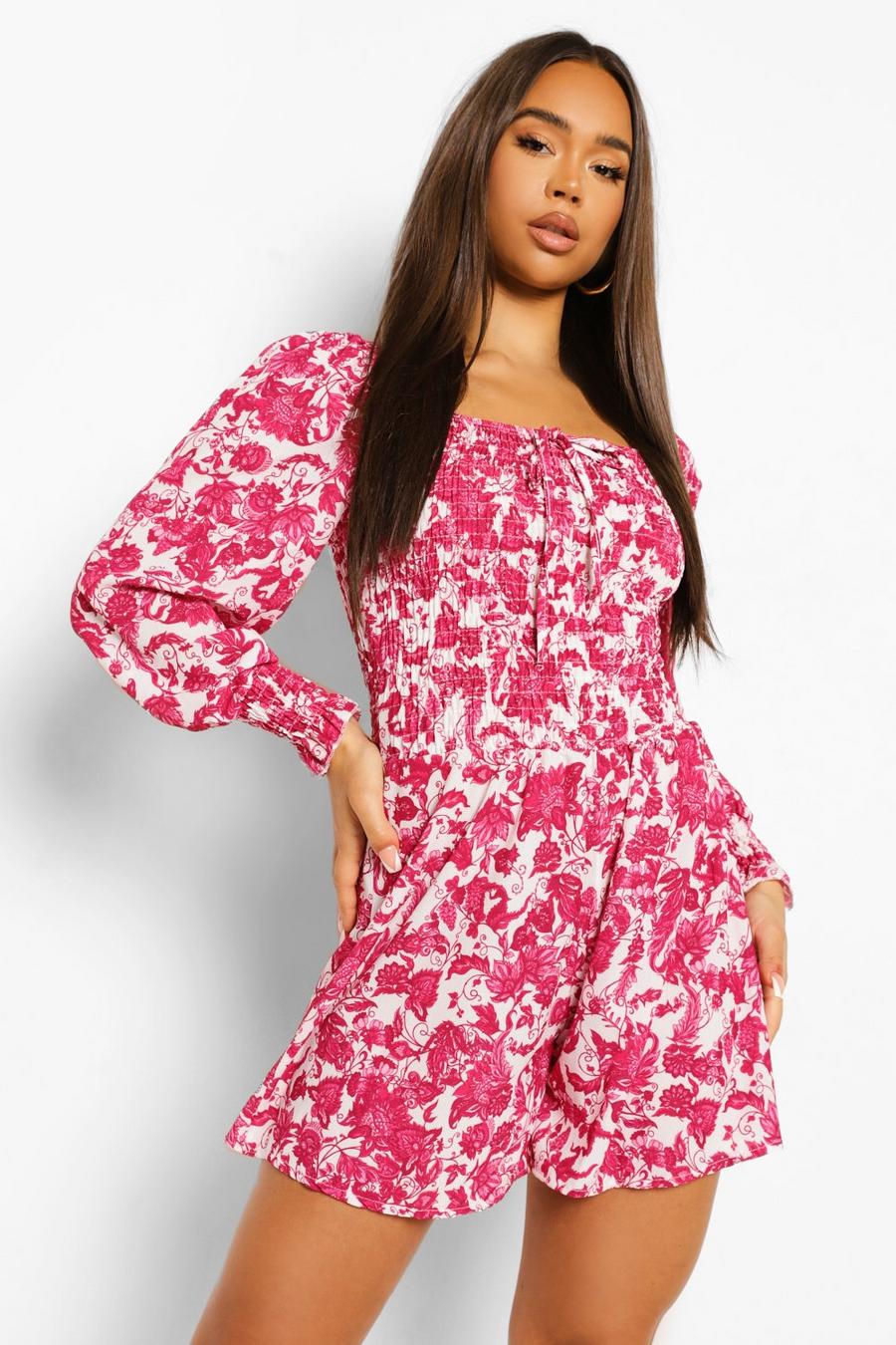 Hot pink Floral Shirred Puff Sleeeve Playsuit image number 1