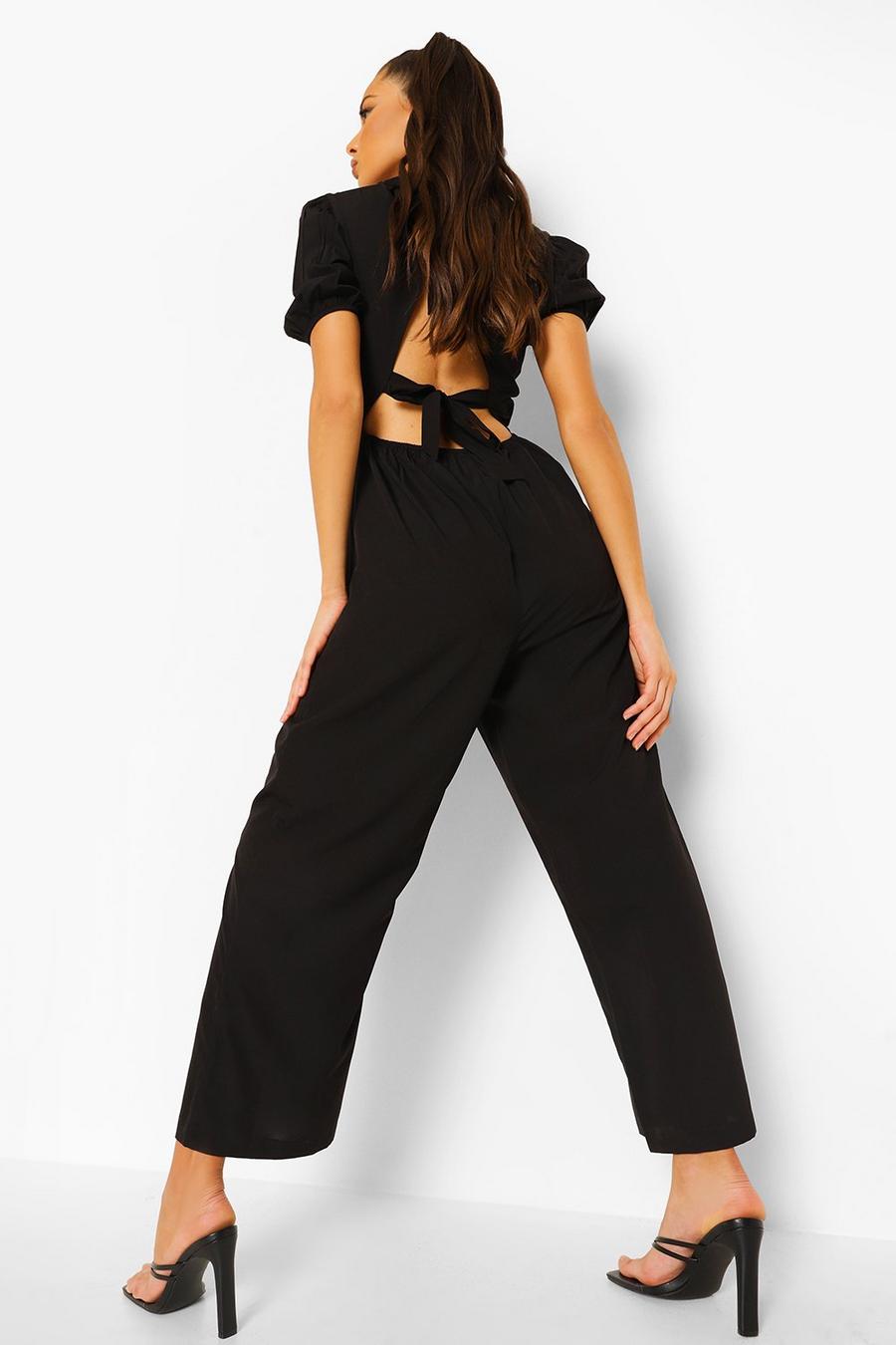 Black Puff Sleeve Tie Back Culloutte Jumpsuit image number 1