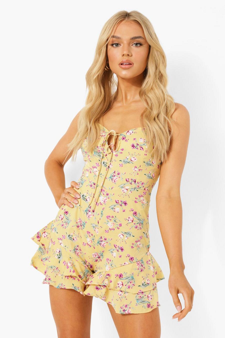 Yellow Floral Print Frill Layer Hem Playsuit image number 1