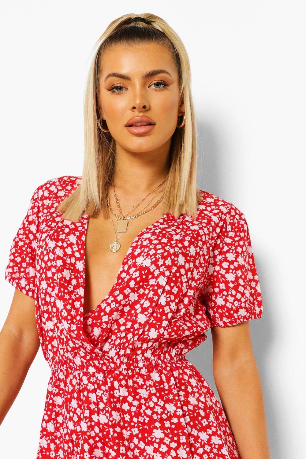 Boohoo Floral Wrap Bust Ruffle Short Playsuit in Red Womens Clothing Jumpsuits and rompers Playsuits 