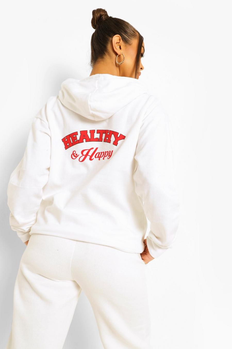 White Healthy And Happy Back Print  Hoodie image number 1