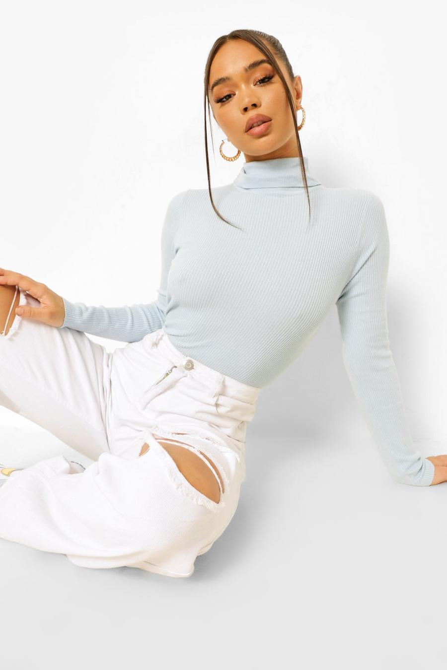 Blue Roll Neck Rib Knitted Jumper image number 1