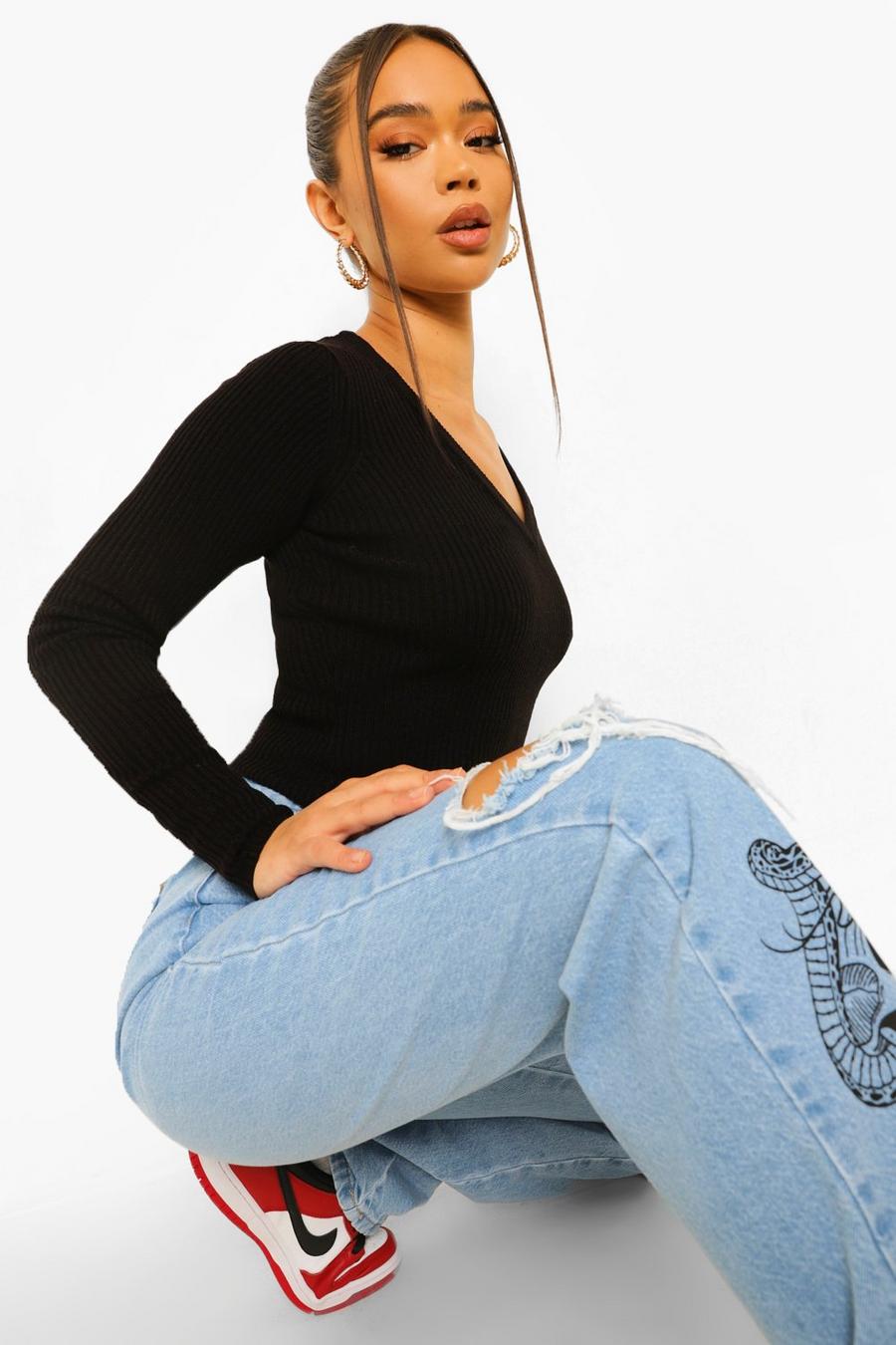 Black Rib Knit Cropped Sweater image number 1