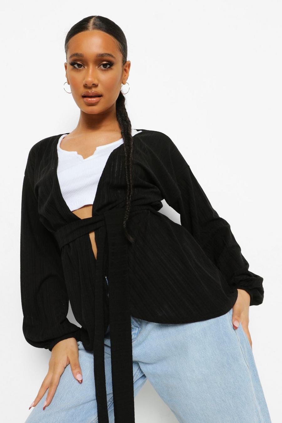 Black Jersey Knit Ribbed Belted Kimono image number 1