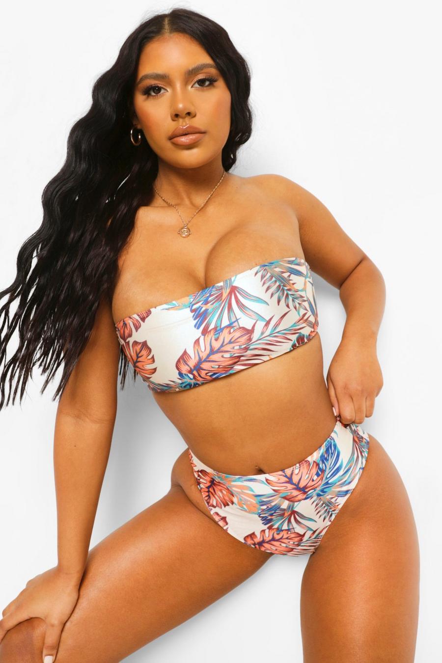 Bandeau-Bikini-Oberteil mit tropischem Print, Weiß image number 1