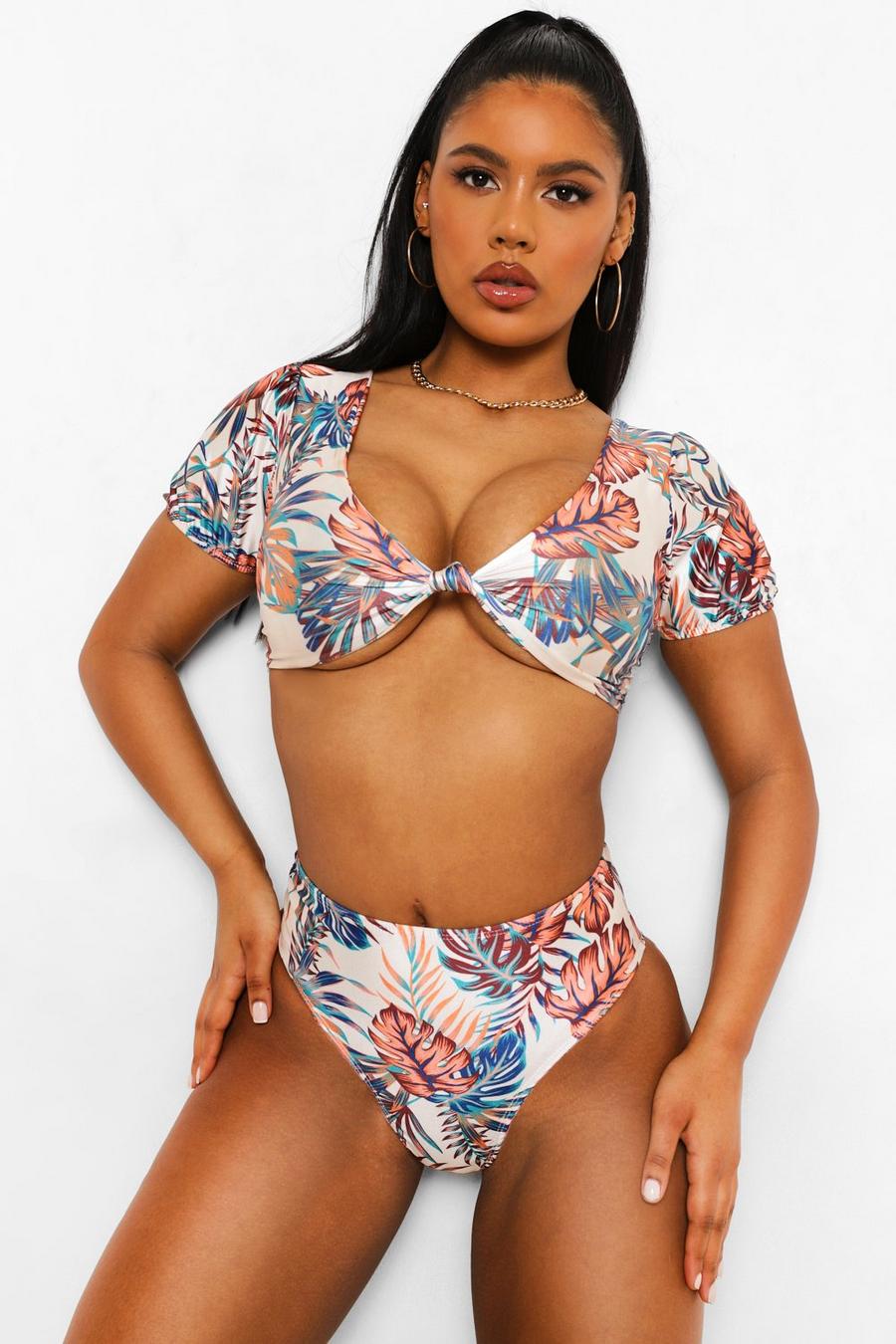 Slip bikini sgambato con stampa tropicale, Bianco image number 1