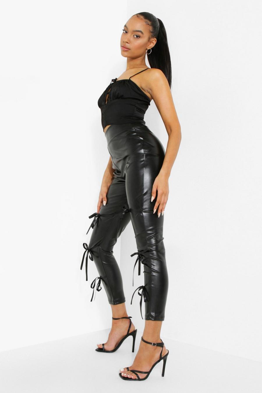 Black svart Lace Detail Leather Look Pu Leggings image number 1