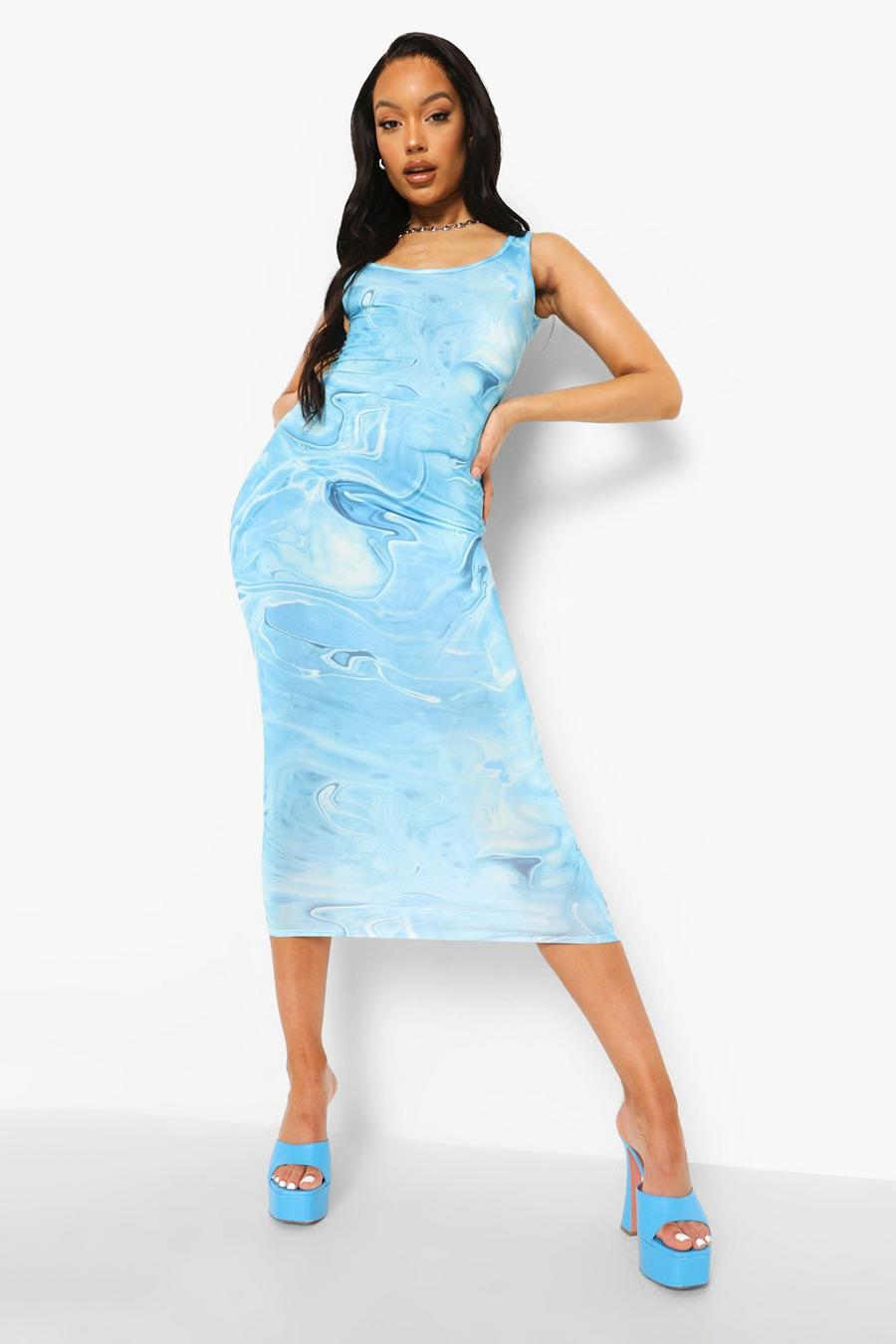 Midaxikleid aus glänzendem Jersey mit tiefem Rückenausschnitt und Batik-Print, Türkis image number 1