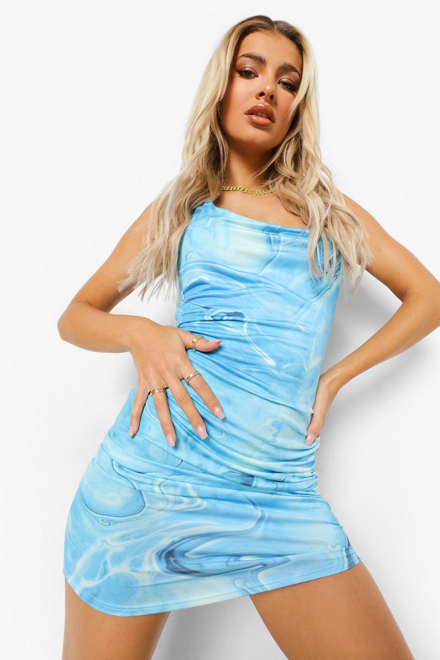 Turquoise Slinky Cowl Neck Marble Tie Dye Mini Dress image number 1