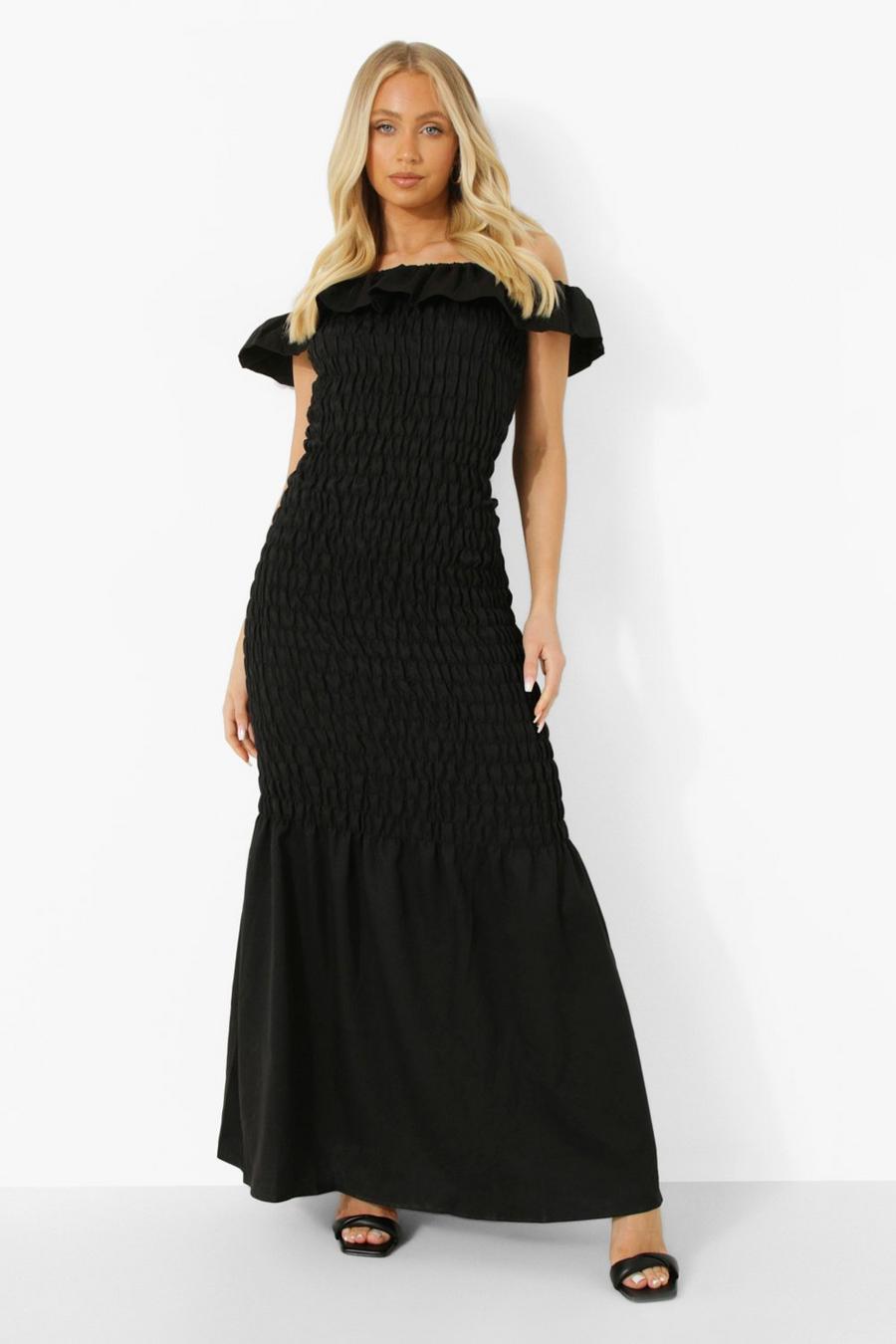 Black Bardot Puff Sleeve Shirred Maxi Dress image number 1