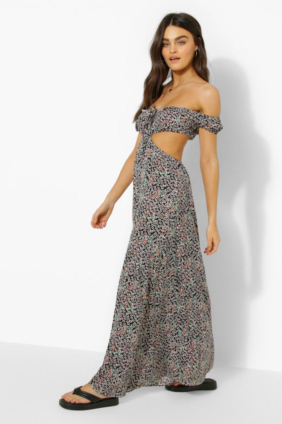 Black Floral Puff Sleeve Cut Out Maxi Dress image number 1