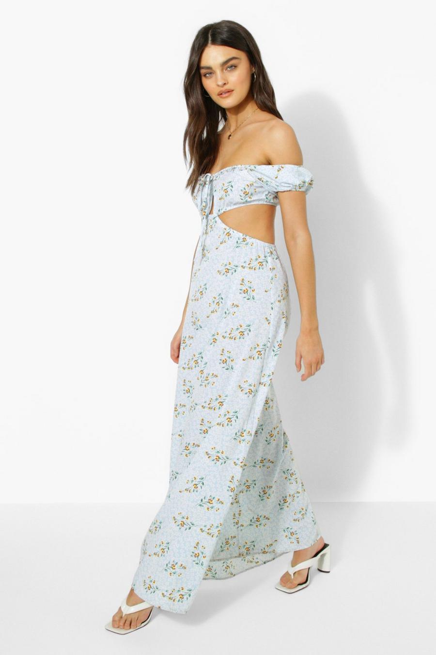 Blue Floral Puff Sleeve Cut Out Maxi Dress image number 1