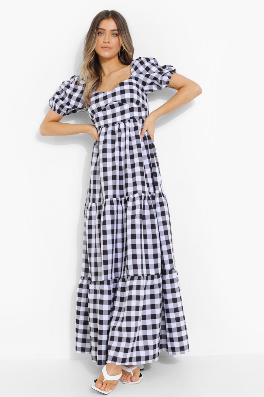 Black Gingham Puff Sleeve Tiered Maxi Dress image number 1